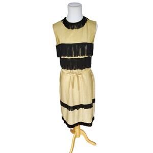 Vintage 1960s Belted Shift Dress Metallic Gold Black Fringe Tassels Flapper Sz S